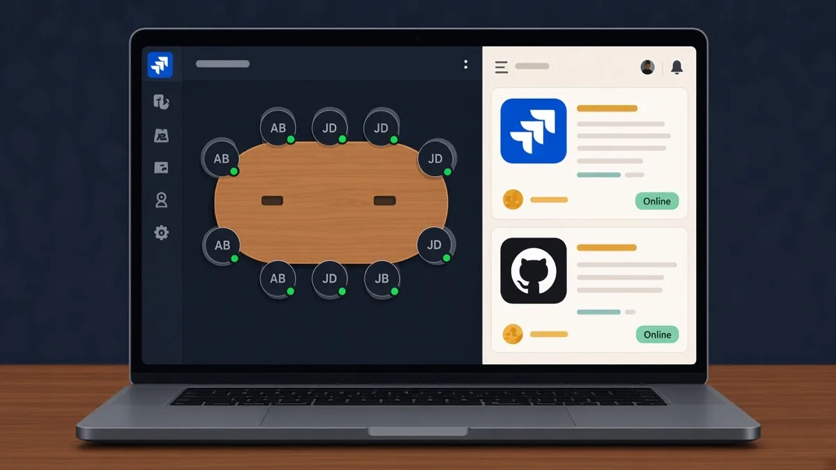 حاسوب يعرض طاولة الغرفة البيضاوية بجانب بطاقات دردشة بأيقونتي Jira وGitHub