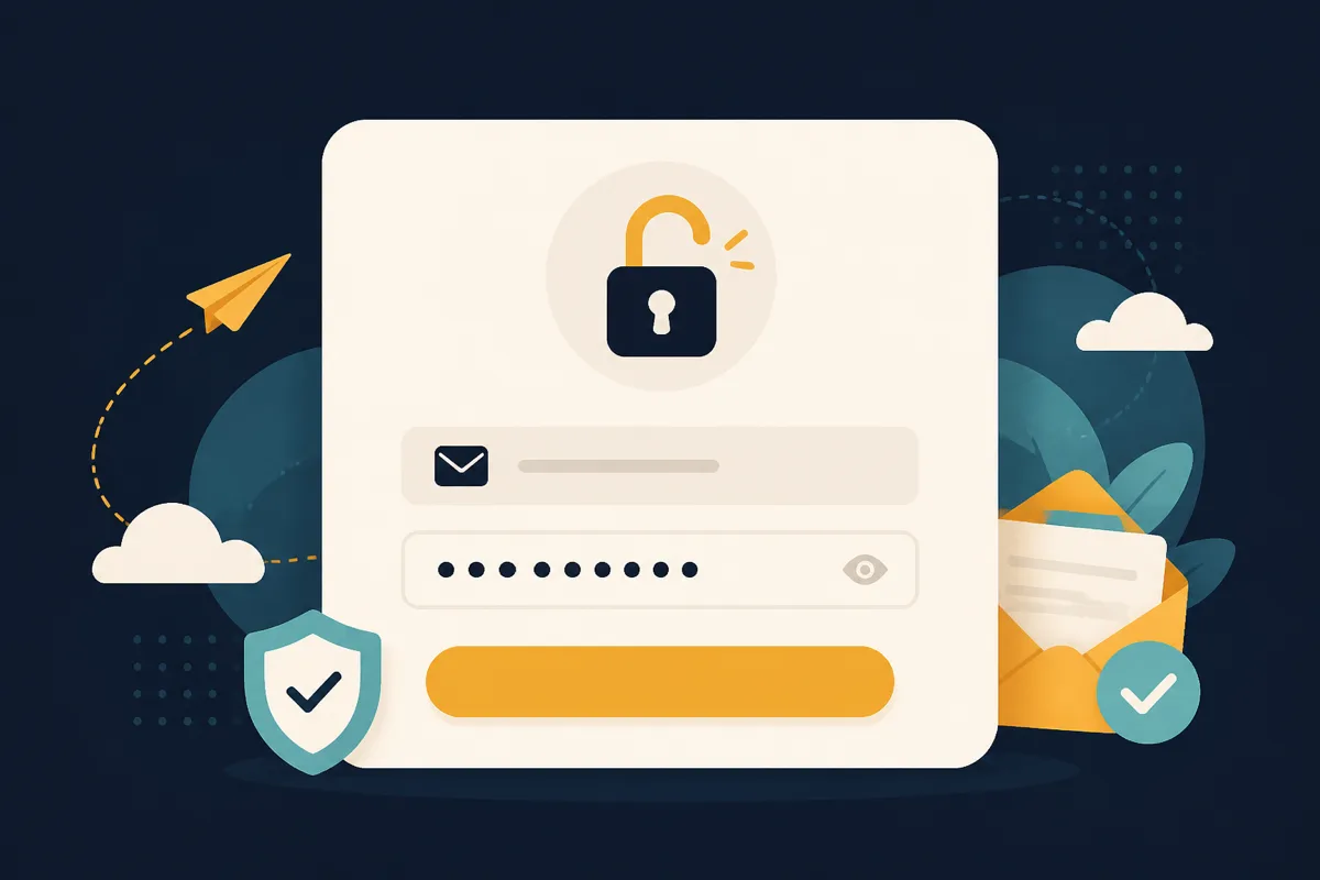 Password reset card with lock and email recovery cues