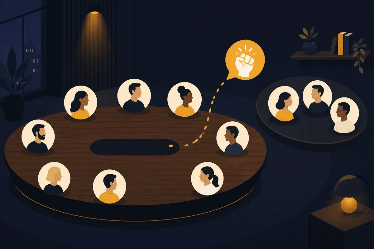 Oval table with a polite knock request to join a side talk